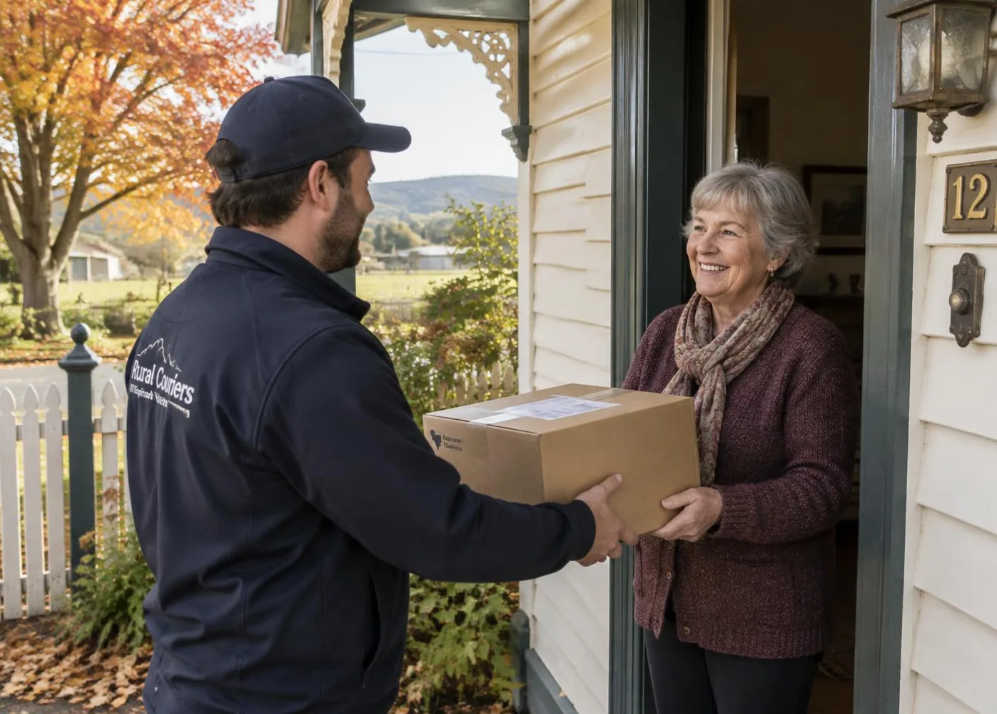 A local delivery driver handing a parcel to a customer at her front door