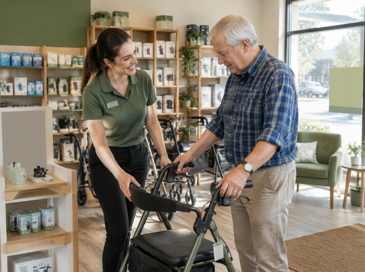 A team member helping a customer try a walking frame in the showroom